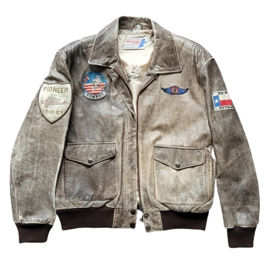 Vintage The Flight Club Brown Leather Aviator Bomber Jacket Size Small